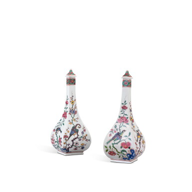 View full screen - View 1 of Lot 616. A pair of Meissen porcelain Dutch-decorated famille-rose quadrangular sake bottles and covers, the porcelain circa 1715-20, the decoration slightly later.