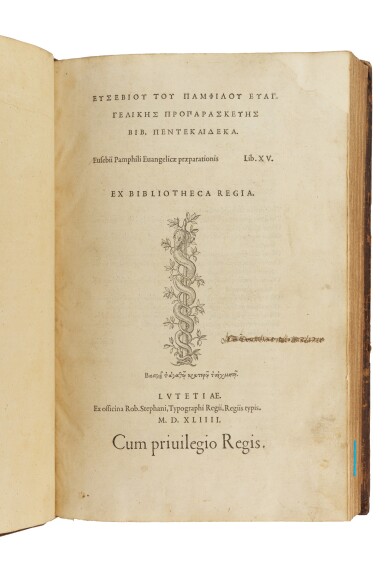 View full screen - View 1 of Lot 100. Eusebius, Two works in Greek, Paris, Estienne, 1544-1545, later stamped calf.