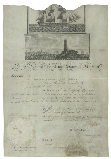 View full screen - View 1 of Lot 148. JEFFERSON, THOMAS | Ship's paper signed ("The: Jefferson") as third President.