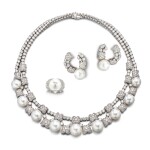 Cultured Pearl and Diamond Parure | Garrard | 養殖珍珠 配 鑽石 項鍊 及 耳夾 及 戒指套裝