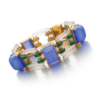 View full screen - View 1 of Lot 64. Janesich, Enamel, calcedony and crystal rock bracelet (Janesich, Bracciale in smalto, cristallo di rocca e calcedonio).