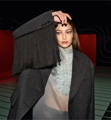 View full screen - View 1 of Lot 15. PRADA | SILK ORGANZA DRESS, FRINGED WOOL JACKET AND METAL HEADBAND, WORN BY GIGI HADID.