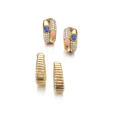 View full screen - View 1 of Lot 895. Pair of gem set and diamond ear clips and a pair of gold ear clips, 'Tubogas'.