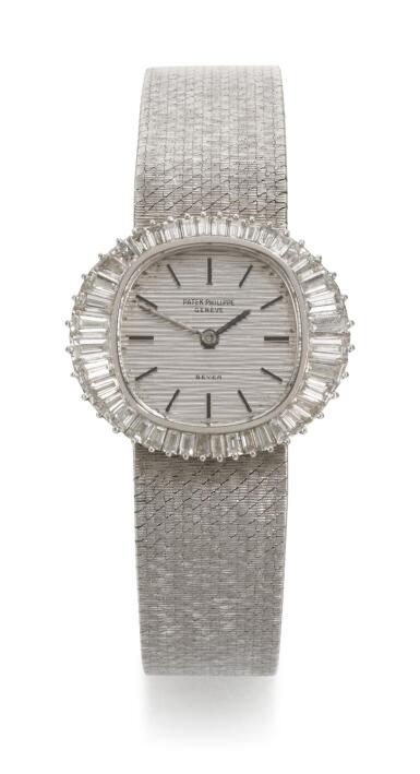View full screen - View 1 of Lot 19. PATEK PHILIPPE | RETAILED BY BEYER, REFERENCE 3393/1 WHITE GOLD DIAMOND-SET BRACELET WATCH, MADE IN 1970.