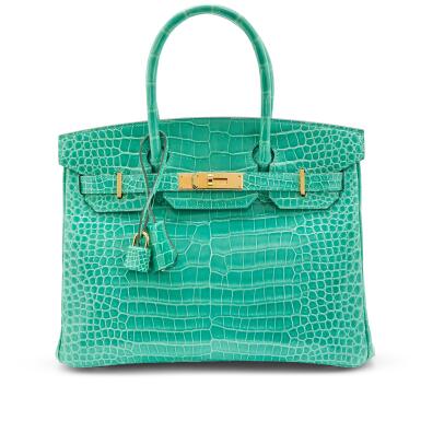 View full screen - View 1 of Lot 48. Vert Jade Shiny Porosus Crocodile Birkin 30 Gold Hardware, 2019.