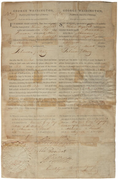 View full screen - View 1 of Lot 2165. Washington, George. Three-language ship's papers signed, before 7 August 1794.