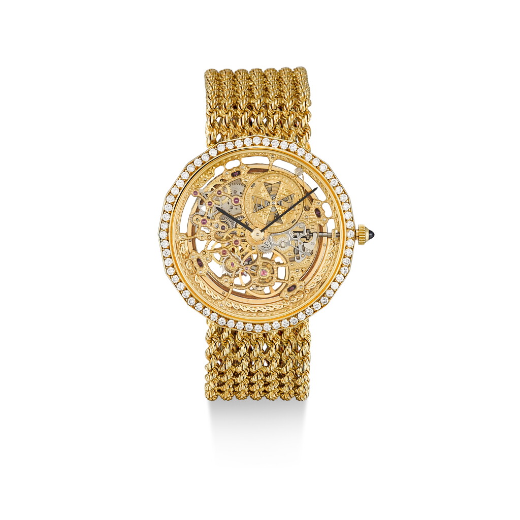 View full screen - View 1 of Lot 147. VACHERON CONSTANTIN | PATRIMONY, REFERENCE 43502, A YELLOW GOLD AND DIAMOND-SET SKELETONISED BRACELET WATCH, CIRCA 1990.