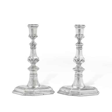 View full screen - View 1 of Lot 185. A pair of Dutch silver candlesticks, Johannes Logerat I, Den Haag, 1736.