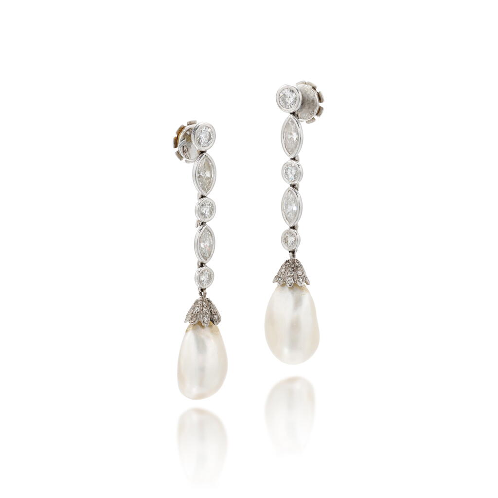 View full screen - View 1 of Lot 258. Pair of natural pearl and diamond pendant earrings | Paio di orecchini pendenti in perle naturali e diamanti.