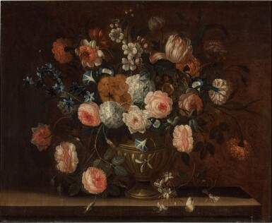 View full screen - View 1 of Lot 39. Still life of roses, carnations, tulips, honeysuckle and other flowers in an urn on a stone ledge.