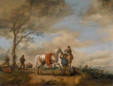 View full screen - View 1 of Lot 141. A lady and cavalier halted on a path, with figures on the bank.