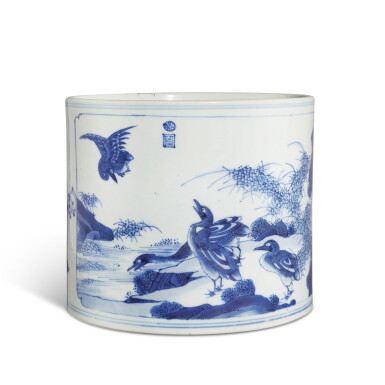 View full screen - View 1 of Lot 687. A blue and white 'geese' brushpot, Qing dynasty, Kangxi period | 清康熙 青花鴻雁博古圖筆筒.
