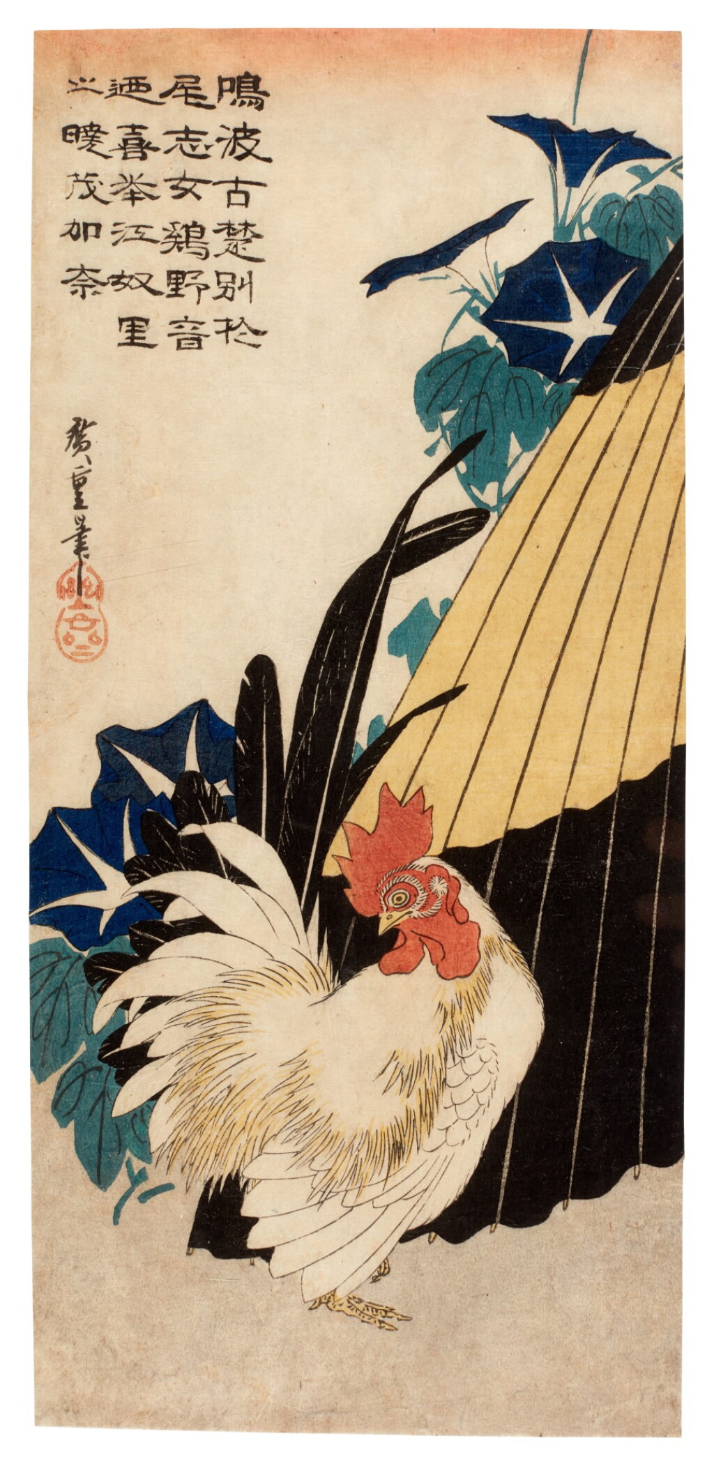 View full screen - View 1 of Lot 77. Utagawa Hiroshige (1797-1858) Morning Glories, Umbrella, and White Rooster, Edo period, 19th century.