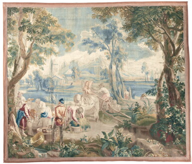 View full screen - View 1 of Lot 166. NETTING AND FISH PACKING, A FLEMISH ‘TENIERS’ TAPESTRY, BRUSSELS, LEYNIERS WORKSHOP 18TH CENTURY.