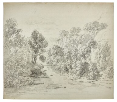 View full screen - View 1 of Lot 132. Recto: Rugged Italianate landscape with a river amongst trees Verso: Study of trees.