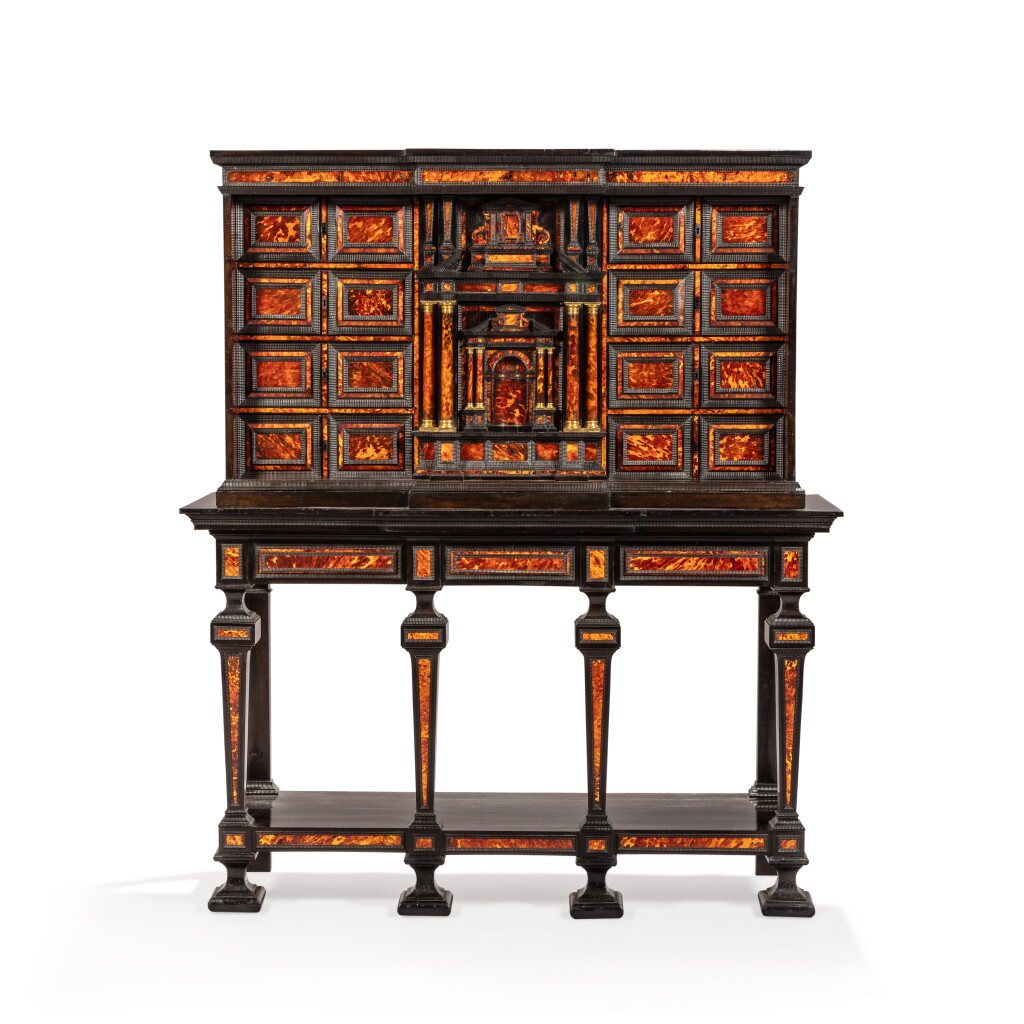 View full screen - View 1 of Lot 73. An South Italian gilt-metal mounted tortoiseshell, ebony and ebonized cabinet, probably Naples, late 17th century, with a later stand .
