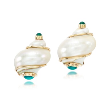 View full screen - View 1 of Lot 184. Pair of shell emerald and turquoise ear clips, 'Turbo Shell'.