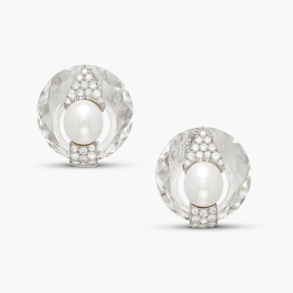 View full screen - View 1 of Lot 398. Pair of Rock Crystal, Cultured Pearl & Diamond Earclips.