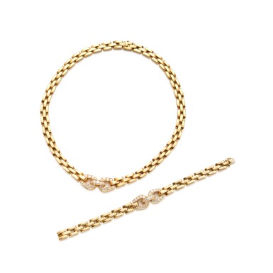 View full screen - View 1 of Lot 244. Gold and Diamond 'Etrier' Necklace and Bracelet, France.