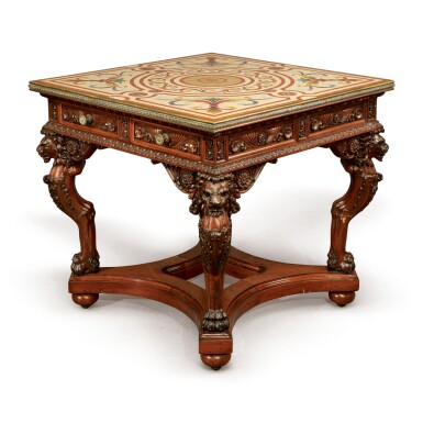 View full screen - View 1 of Lot 752. A RENAISSANCE REVIVAL CARVED MAHOGANY AND BRASS-MOUNTED SPECIMEN MARBLE TOP CENTER TABLE, NEW YORK OR PHILADELPHIA, CIRCA 1870 .