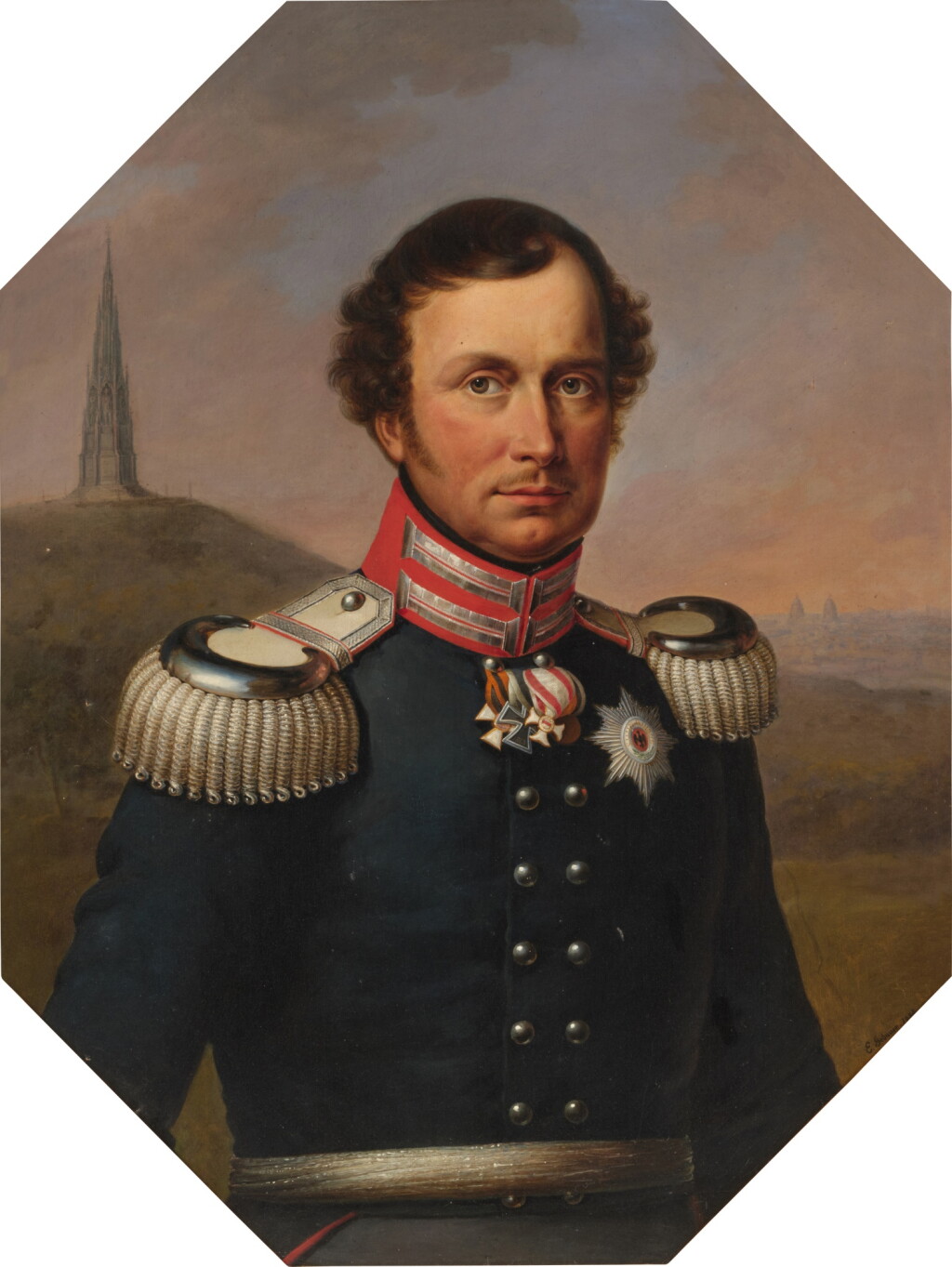 View full screen - View 1 of Lot 10. Portrait of Frederick William III, King of Prussia (1770-1840) with the Kreuzberg monument and a view of Berlin beyond | Porträt Friedrich Wilhelms III., König von Preußen (1770–1840) vor dem Kreuzbergdenkmal, mit Blick auf Berlin.