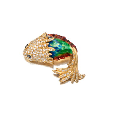 View full screen - View 1 of Lot 313. Gold, Enamel, Diamond and Sapphire Brooch.