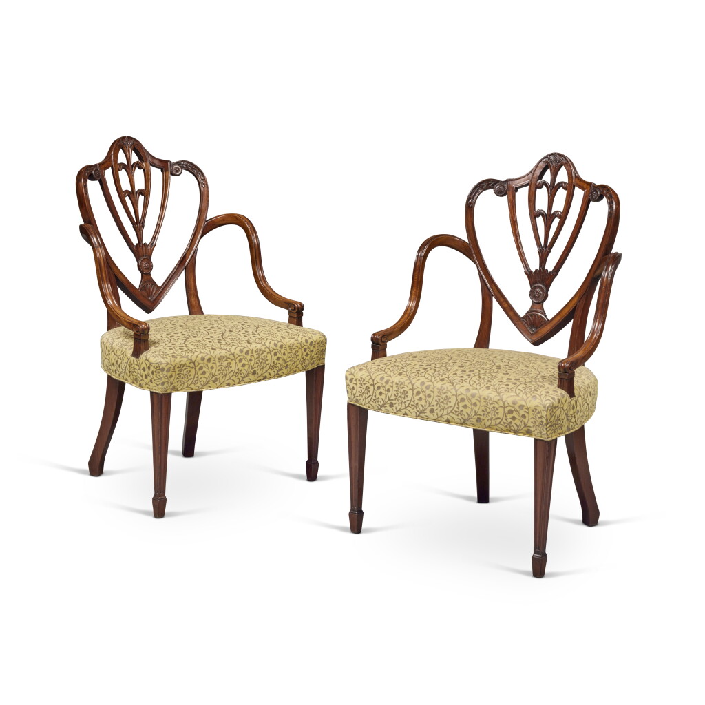 View full screen - View 1 of Lot 133. A Pair of George III Mahogany Hepplewhite Armchairs, possibly by Gillows, Circa 1790.