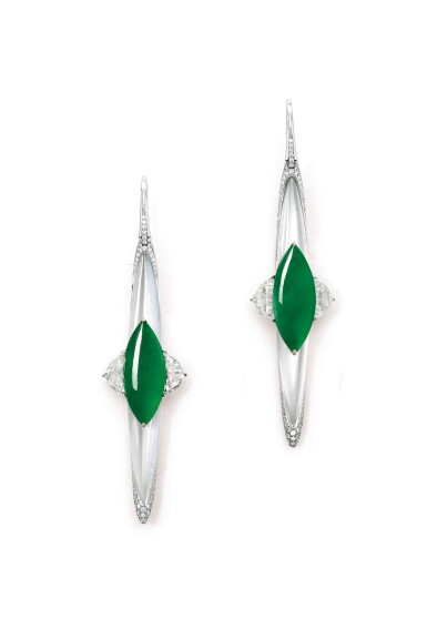 View full screen - View 1 of Lot 1644. FORMS | Pair of Jadeite, Diamond and Moonstone Pendent Earrings | FORMS | 天然翡翠 配 鑽石 及 月光石 耳墜一對.