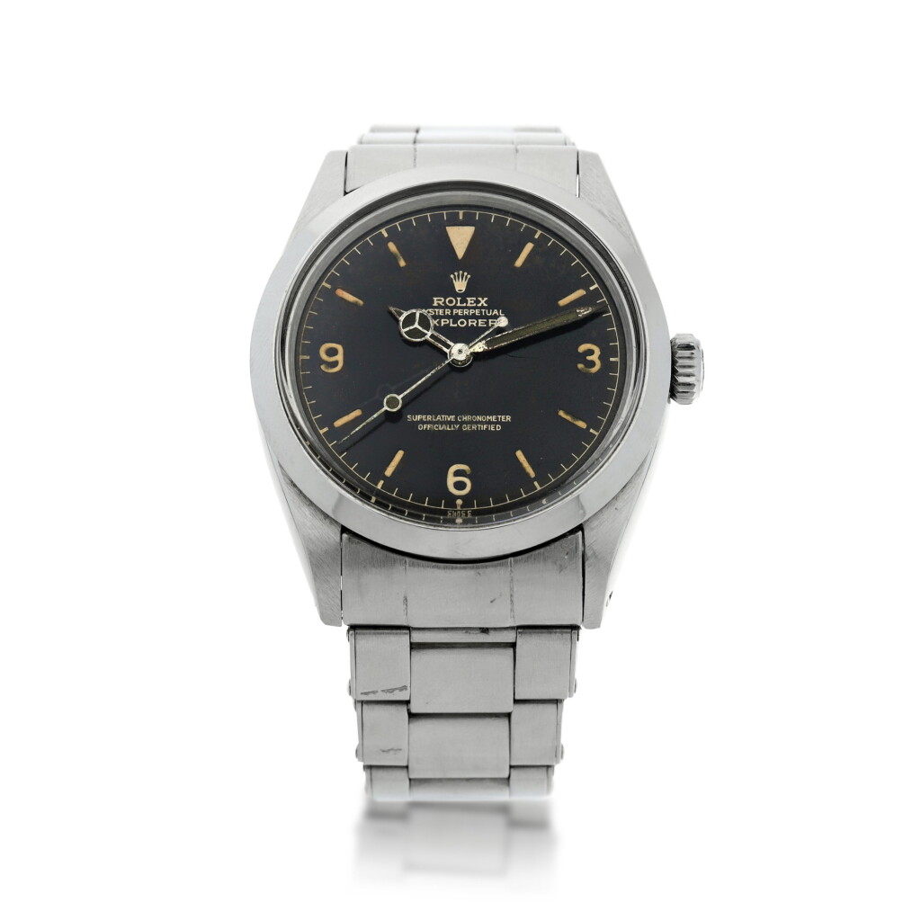 View full screen - View 1 of Lot 124. REFERENCE 1016 EXPLORER A STAINLESS STEEL AUTOMATIC WRISTWATCH WITH EXCLAMATION POINT TROPICAL GILT GLOSSY CHAPTER RING DIAL AND ORIGINAL BRACELET, CIRCA 1963.