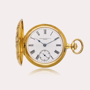 View full screen - View 1 of Lot 451. A yellow gold hunting cased keyless with engraving in relief, Circa 1905.
