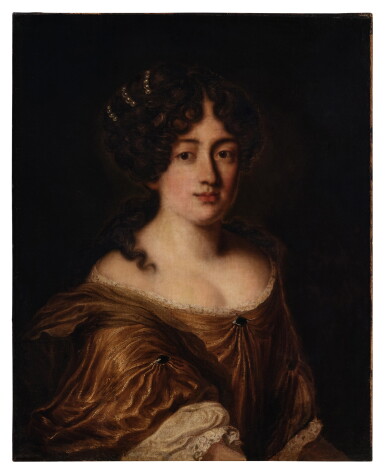 View full screen - View 1 of Lot 374. Portrait of a lady with strands of pearls in her hair.