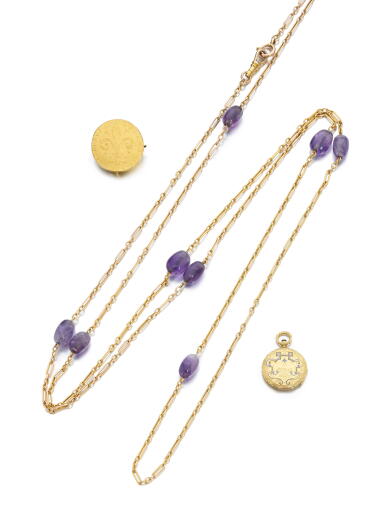View full screen - View 1 of Lot 1018. Gold and amethyst watchchain, circa 1900 and a collection of jewels.