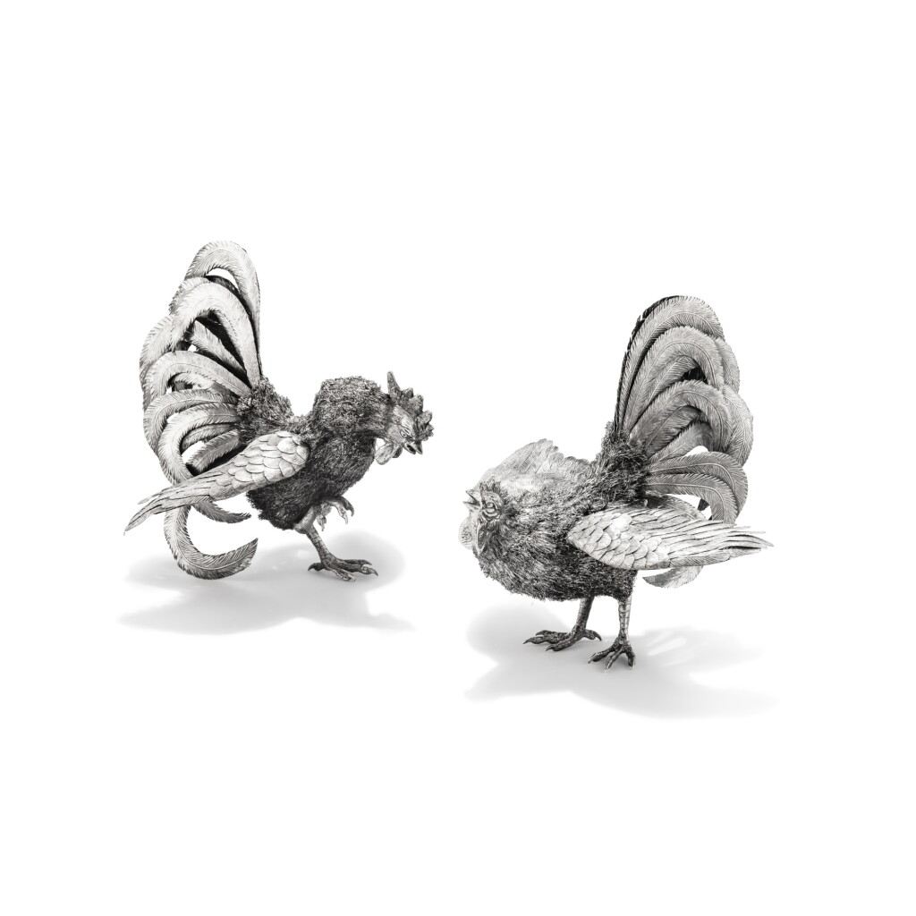 View full screen - View 1 of Lot 39. Two Italian silver roosters, Buccellati, Milan, 20th century | Deux coqs en argent par Buccellati, Milan, XXe siècle .