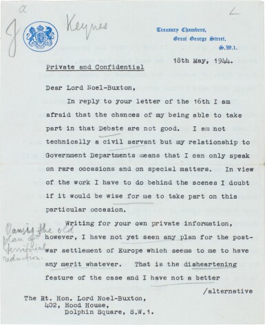 View full screen - View 1 of Lot 78. John Meynard Keynes | Autograph letter signed, to Lord Noel-Buxton, on the Post-War settlement of Europe, 1944.
