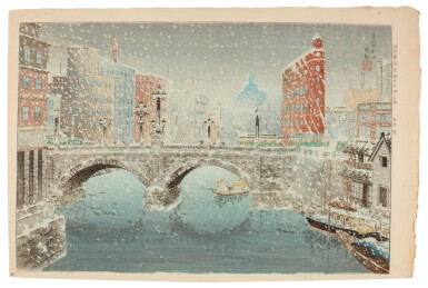 View full screen - View 1 of Lot 197. Bannai Kokan (1900-1963) Nihonbashi in Snow (Yuki no Nihonbashi), Showa period, 20th century.