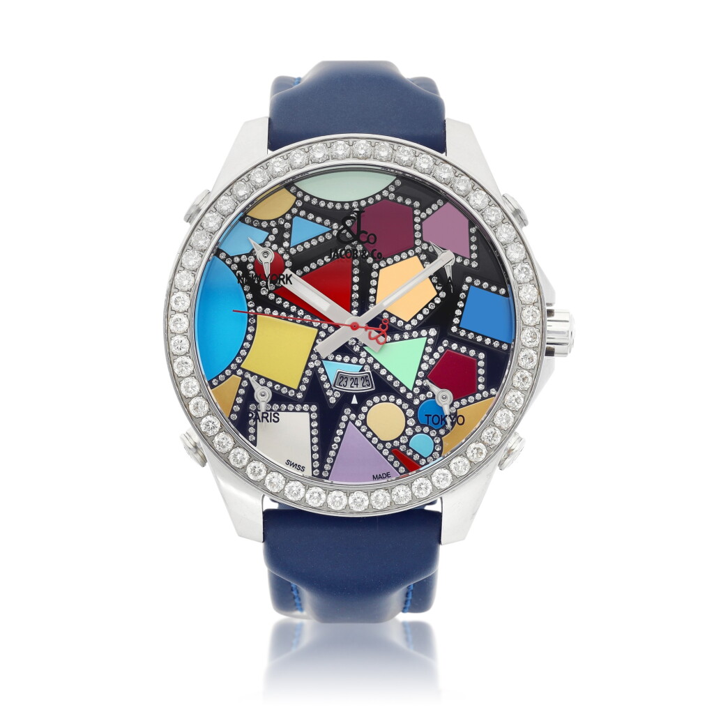 View full screen - View 1 of Lot 8271. The Five Time Zones | A stainless steel and diamond-set quintuple time zone wristwatch with date, Circa 2008 | The Five Time Zones | 精鋼鑲鑽石五地時間腕錶,備日期顯示,約2008年製.