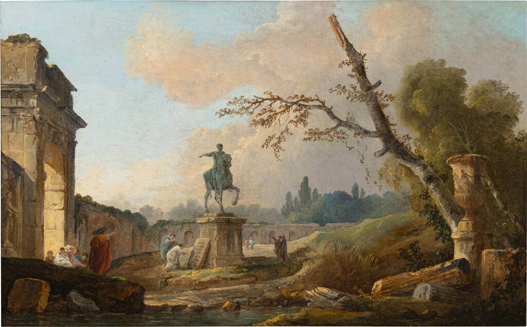 View full screen - View 1 of Lot 95. Landscape with ruins and the statue of Marcus Aurelius | Paysage aux ruines et à la statue de Marc Aurèle.