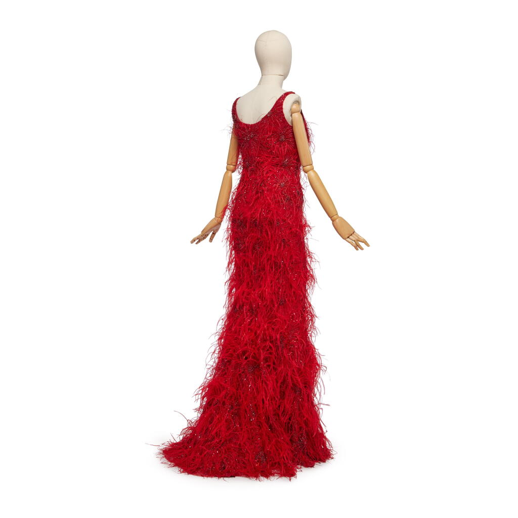 View full screen - View 1 of Lot 81. Embellished Tulle Evening Gown with Ostrich Feathers, 1990s.