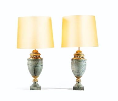 View full screen - View 1 of Lot 84. A PAIR OF LOUIS XVI STYLE GILT-BRONZE AND MARBLE BRÛLES-PARFUM FITTED AS LAMPS | PAIRE DE BRÛLES-PARFUM MONTÉS EN LAMPES EN MARBRE CAMPAN VERT ET BRONZE DORÉ DE STYLE LOUIS XVI.