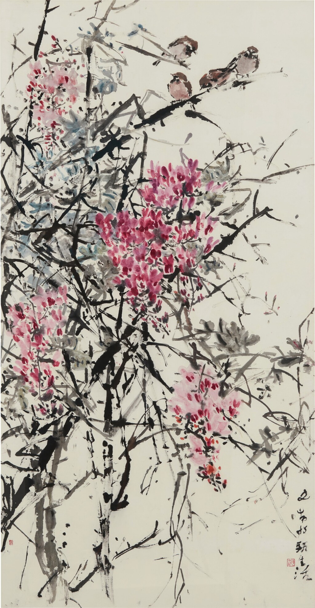 View full screen - View 1 of Lot 725. Chen Wen Hsi 陳文希 | Sparrows amongst Flowers 花叢中的麻雀.