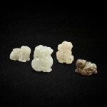 Two pale celadon jade 'bixie' pendants and two celadon jade and pale celadon jade mythical animals, Ming - Qing dynasty, 17th century 明至清十七世紀 青白玉辟邪珮兩件 及 青玉、青白玉瑞獸兩件