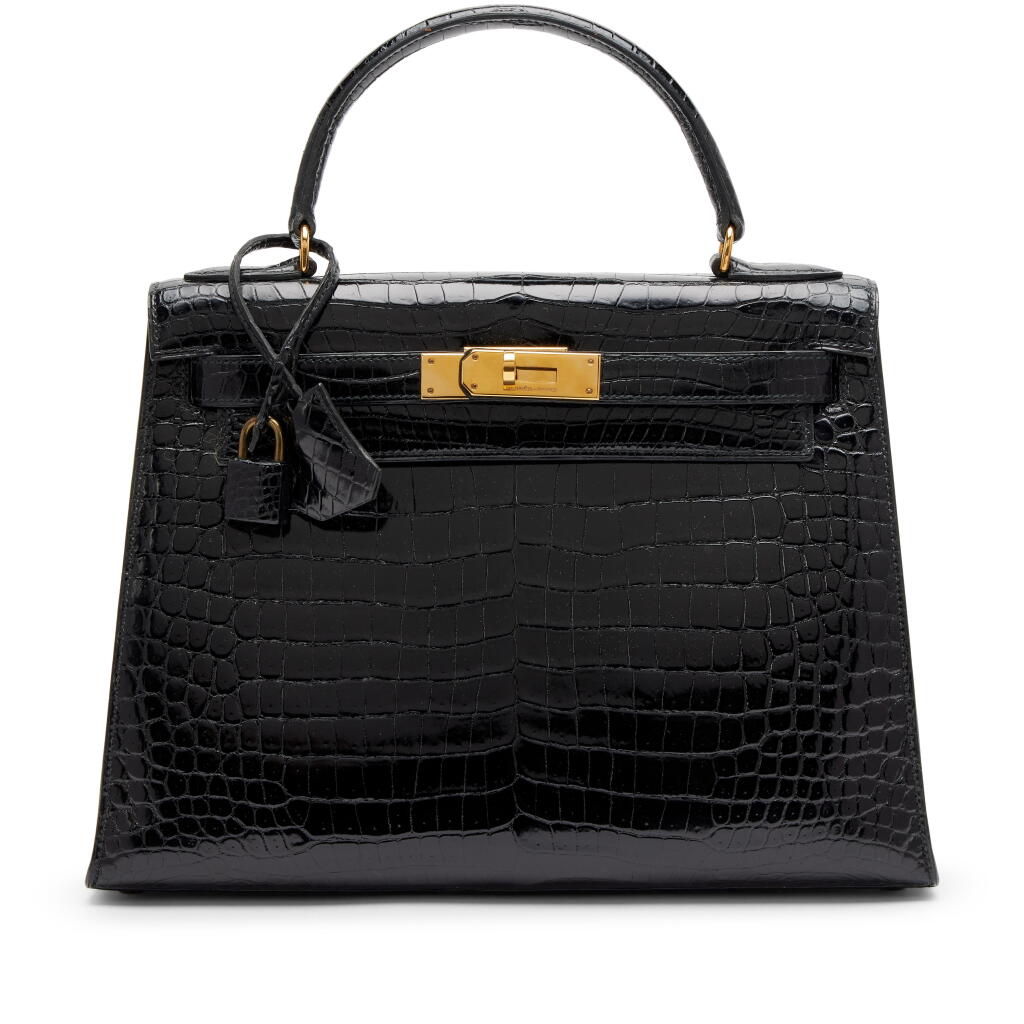 View full screen - View 1 of Lot 69. Vintage Shiny Black Crocodile Kelly 28 Sellier Gold Hardware, 1980.