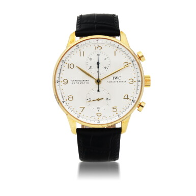 View full screen - View 1 of Lot 660. IWC | PORTUGIESER, REF 371416 YELLOW GOLD CHRONOGRAPH WRISTWATCH CIRCA 2000.