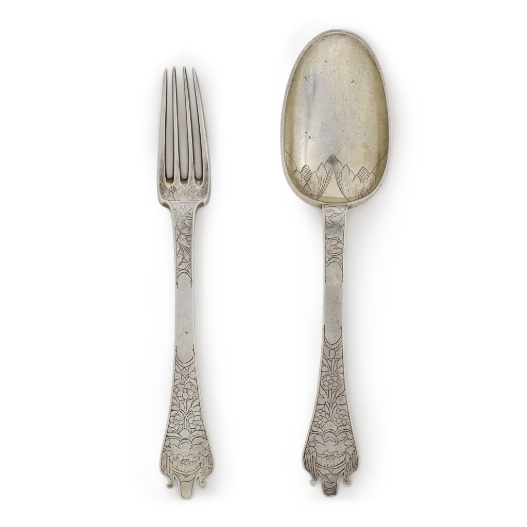 View full screen - View 1 of Lot 16. A French silver-gilt trefid fork and spoon, Jean Villain, Paris charge and discharge marks for 1681-1684.