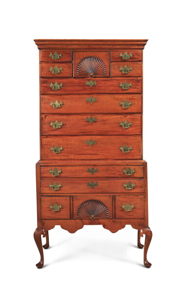 View full screen - View 1 of Lot 1701. FINE AND RARE QUEEN ANNE FIGURED MAPLE HIGH CHEST OF DRAWERS, DUNLAP SCHOOL, NEW HAMPSHIRE, CIRCA 1790.