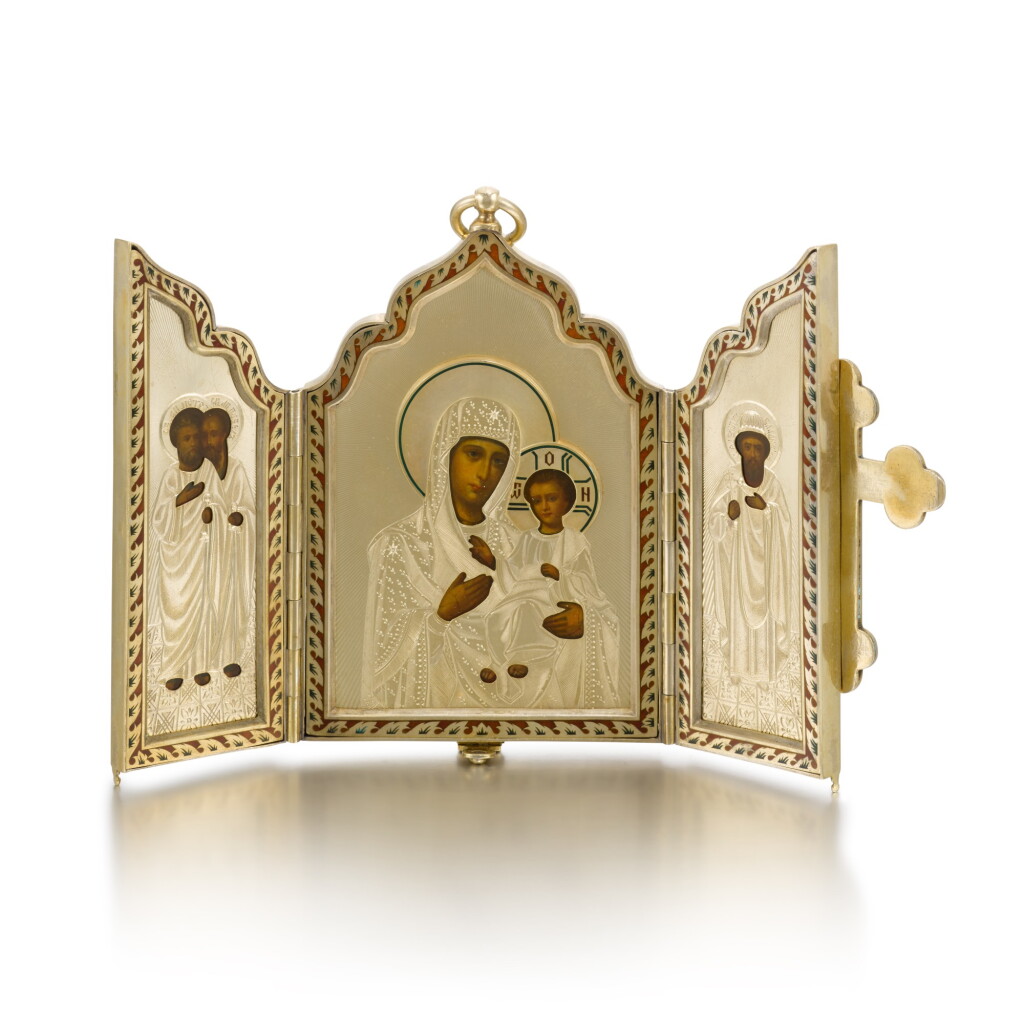 View full screen - View 1 of Lot 643. A silver-gilt and champlevé enamel triptych icon, Dmitry Smirnov, Moscow, 1899-1908.