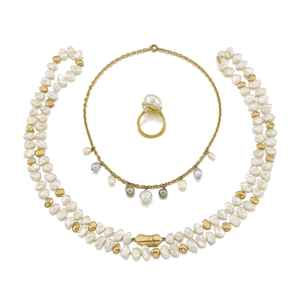 View full screen - View 1 of Lot 224. Two Keshi and Cultured Pearls Necklaces and a Cutlured Pearl ring .