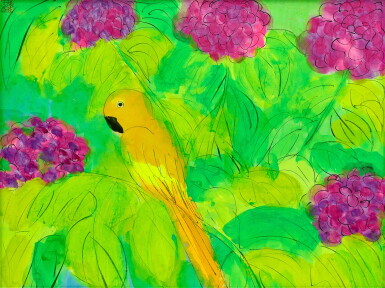 View full screen - View 1 of Lot 2002. Walasse Ting 丁雄泉 | Parrot with flowers 鸚鵡與花.