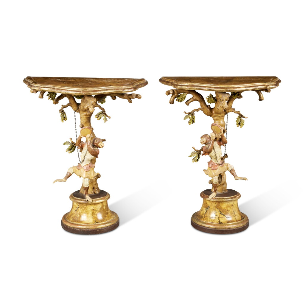 View full screen - View 1 of Lot 75. A Pair of North Italian Rococo Style Polychrome Decorated and Simulated Marble Console Tables, probably late 19th Century.
