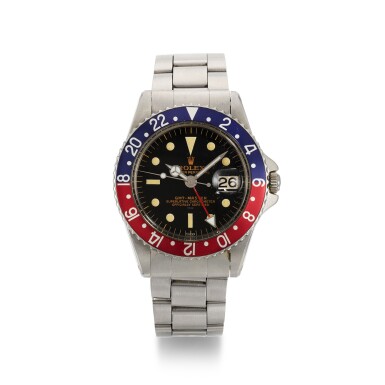 View full screen - View 1 of Lot 338. ROLEX | GMT-MASTER POINTED CROWN GUARDS, UNDERLINE, DOUBLE SWISS, REF 1675, STAINLESS STEEL DUAL-TIME WRISTWATCH WITH DATE AND BRACELET, CIRCA 1963.